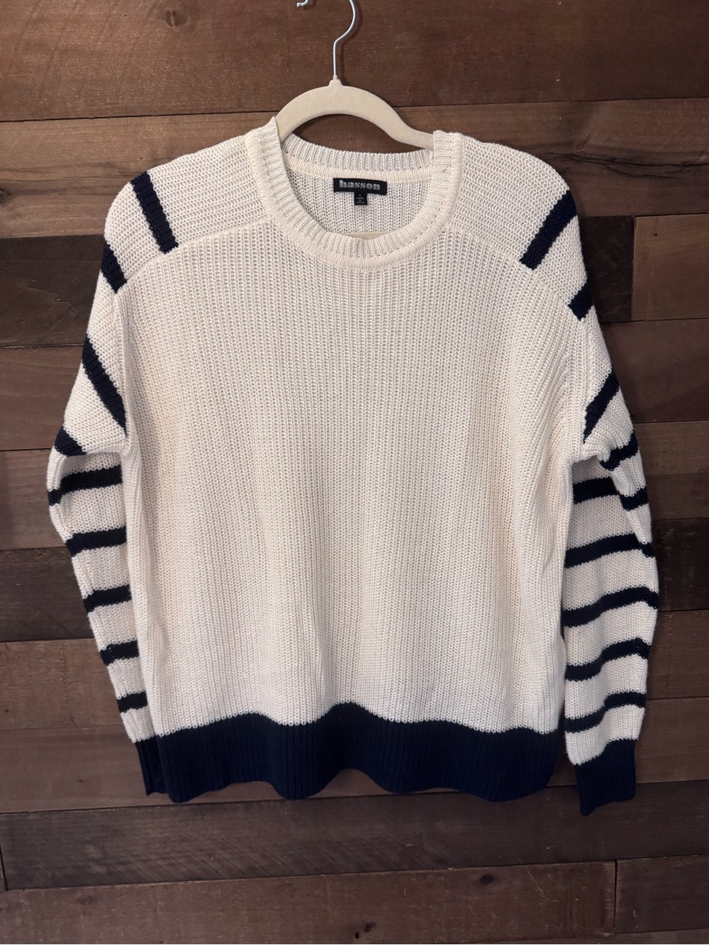 Hasson Women’s Cream Crewneck Sweater with Navy Stripe Detail